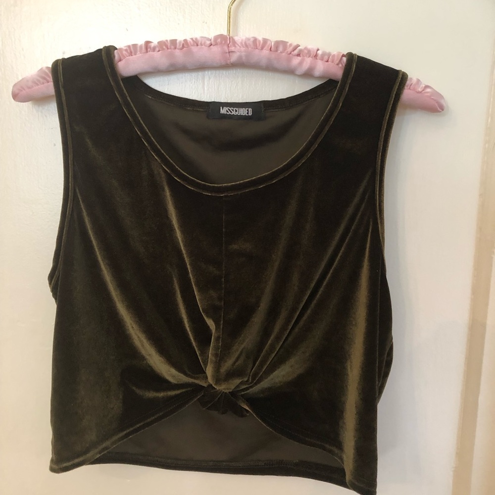 Faux Velvet Knot Crop Top Olive Green